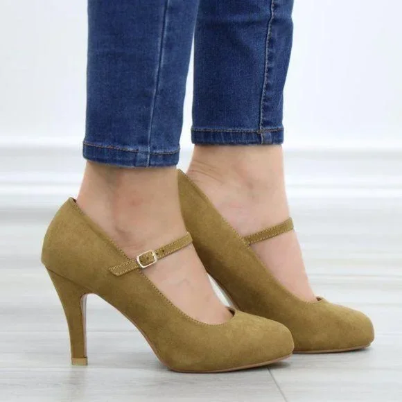 Taupe Suede Low Heel Rockabilly Pumps - Picture 8 of 11